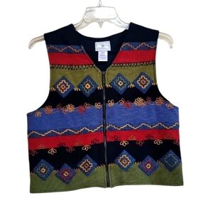 Susan Bristol  Women Full Zipper Striped Floral Tapestry Art Retro Vest Size M